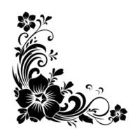 Hand-drawn floral corner design in black and white, featuring swirls, leaves, and flowers. A delicate and elegant botanical illustration vector