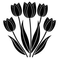 Hand-drawn tulip flower bouquet icon in black and white. A minimalist design featuring multiple tulip stems and leaves, ideal for floral decorations, spring themes, and botanical artwork vector