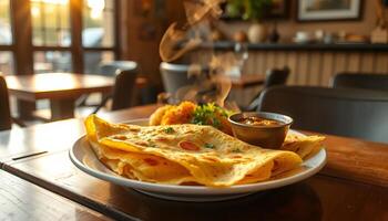 Warm Golden Crepe Dish with Side and Sauce in Cafe Setting photo
