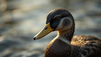 Close-up Portrait of a Dark Brown Duck with Yellow Beak photo