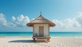 Small Thatched Beach Hut on a Tropical Shore photo
