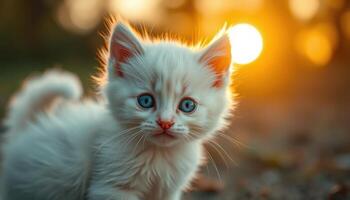 Adorable White Kitten in Sunset Golden Hour photo