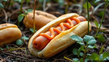 Hot Dog with Ketchup on the Ground Outdoors photo