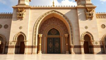 Ornate Mosque Entrance with Intricate Carvings and Golden Accents photo