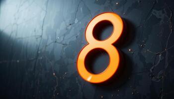 Glowing Orange Number Eight on Dark Cracked Surface photo