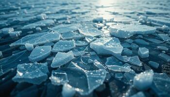Glistening Ice Fragments on Dark Blue Water photo