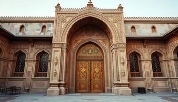 Ornate Golden Doors of a Beige Stone Building photo