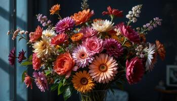 Sunlit Multicolored Flower Bouquet in Glass Vase photo