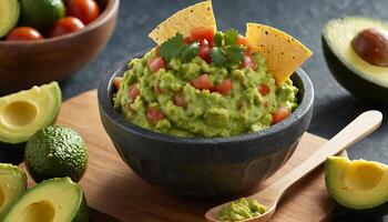 Vibrant Guacamole with Tortilla Chips and Tomatoes in Dark Gray Bowl photo