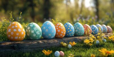 Colorful decorated eggs lined up on a wooden log with flowers in a vibrant spring setting photo