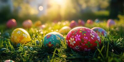 Colorful Easter eggs scattered on green grass during a sunny spring afternoon photo