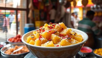 Yellow Dessert with Red and Brown Sprinkles in a Bustling Market photo