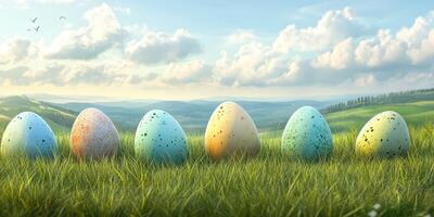 Colorful speckled eggs arranged in a grassy field under a bright sky in a serene countryside setting photo
