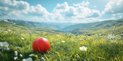 Vibrant red ball resting in a lush meadow under a blue sky in the early afternoon light photo