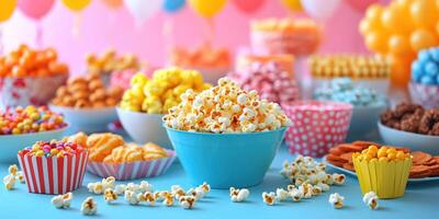 Colorful candy and snack display at a festive party with cheerful decorations and sweet treats for guests photo