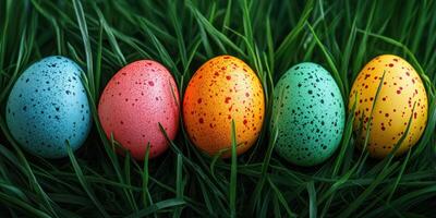 Colorful Easter eggs arranged in a row on lush green grass for a festive spring celebration photo