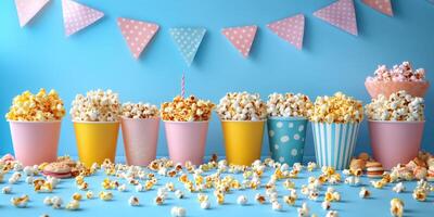 Colorful popcorn display with festive decorations for a fun gathering photo