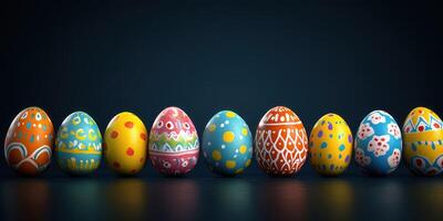 Colorful hand-painted Easter eggs lined up on a dark surface showcasing intricate designs and vibrant hues photo