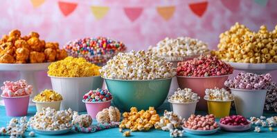 Colorful popcorn display at a festive event featuring a variety of flavors and shapes photo