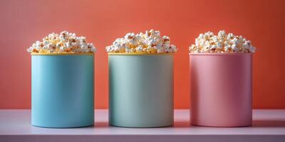Colorful popcorn containers filled with fluffy popcorn against a vibrant background in a cozy setting photo