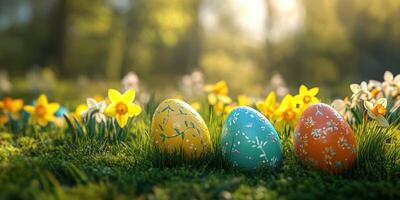Colorful decorated eggs nestled among blooming flowers in a serene spring garden setting photo