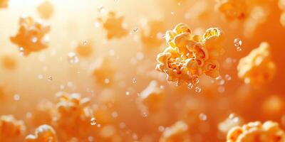 Delicious popcorn kernels floating in golden light with droplets enhancing the appetizing ambiance photo