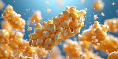 Colorful popcorn kernels burst in mid-air against a bright blue background, showcasing a playful snack moment photo