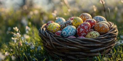Colorful decorated eggs in a wicker basket surrounded by blossoming flowers in a sunny spring field photo