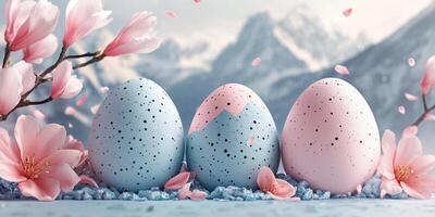 Colorful Easter eggs with pink flowers in a serene mountain landscape during springtime photo