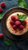 Delicious dessert with creamy texture topped with fresh raspberries and mint leaves on a dark background photo
