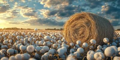 Cotton field at sunset with hay bales surrounded by blooming cotton plants and dramatic clouds in the sky photo