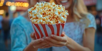 Friends enjoying a large popcorn bucket at a lively outdoor event during the evening photo