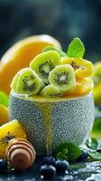 Delicious tropical fruit bowl featuring kiwi, mango, and honey drizzles served in a textured bowl photo