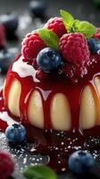 Delicious dessert topped with fresh berries and vibrant sauce on a dark background photo