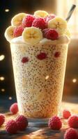 Refreshing dessert featuring fluffy whipped cream, fresh raspberries, and banana slices in a tall glass photo
