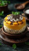 Delicious mango chia pudding layered with yogurt and topped with mint leaves and chocolate sprinkles photo