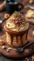 Delicious dessert with creamy frosting, caramel drizzle, and crunchy toppings served in a waffle cup photo