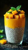 Refreshing mango chia pudding topped with fresh mango cubes and mint leaves served in a glass photo