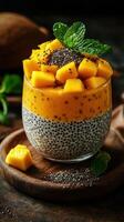 Delicious mango chia pudding served in a glass with fresh mint leaves on a wooden table photo
