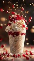 Refreshing pomegranate dessert with creamy topping served in a glass on a rustic table photo