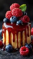 Delicious dessert with vibrant berries and glossy red sauce on a black background in a gourmet setting photo
