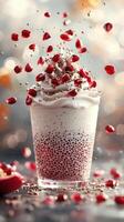 Delicious dessert with creamy toppings and pomegranate seeds flying in the air at a vibrant setting photo