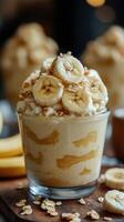 Delicious banana parfait layered with yogurt and oats in a cozy setting photo