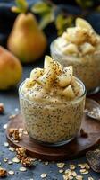 Chia pudding with fresh pear slices and granola on a rustic wooden surface photo