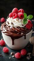 Decadent chocolate mousse topped with raspberries and whipped cream served in a stylish bowl photo
