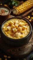 Creamy corn soup garnished with cheese cubes and spices served with fresh corn on a rustic wooden table photo