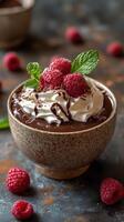 Decadent chocolate mousse topped with fresh raspberries and whipped cream in a rustic bowl photo