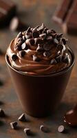 Creamy chocolate mousse topped with chocolate chips served in a dark cup on a rustic table photo