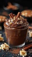 Decadent chocolate dessert topped with whipped cream, cinnamon sticks, and chocolate shavings in a cozy setting photo