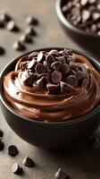 Creamy chocolate mousse topped with chocolate chips in a bowl on a rustic surface photo